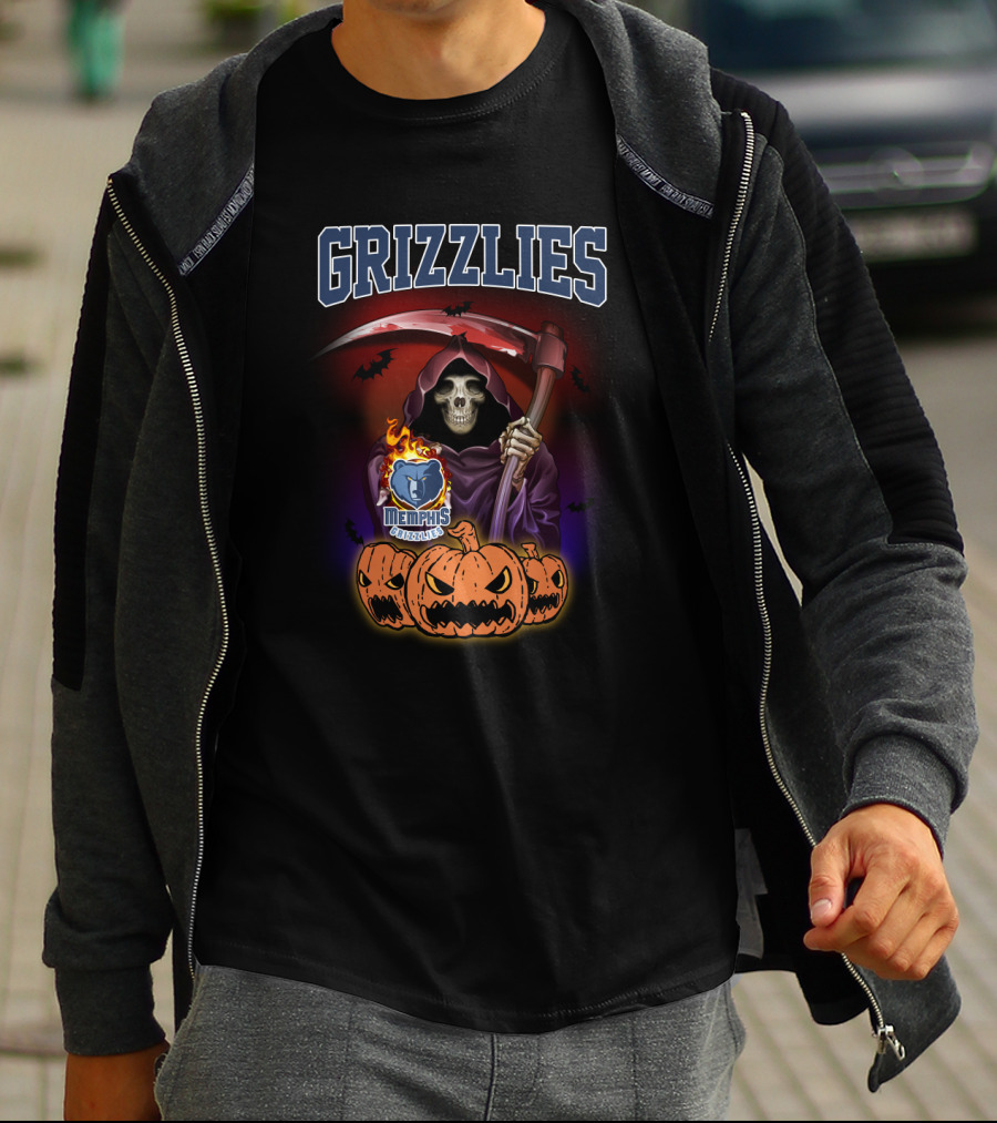 Grizzlies Halloween Reaper With Scythe And Memphis Grizzlies Logo Surrounded By Pumpkins T-Shirt