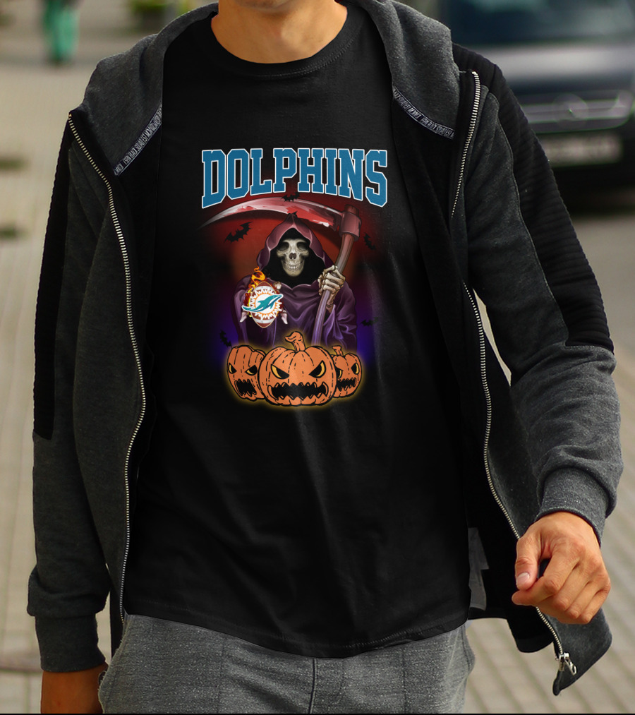 Miami Dolphins Grim Reaper With Scythe And Jack-o'-Lanterns T-Shirt