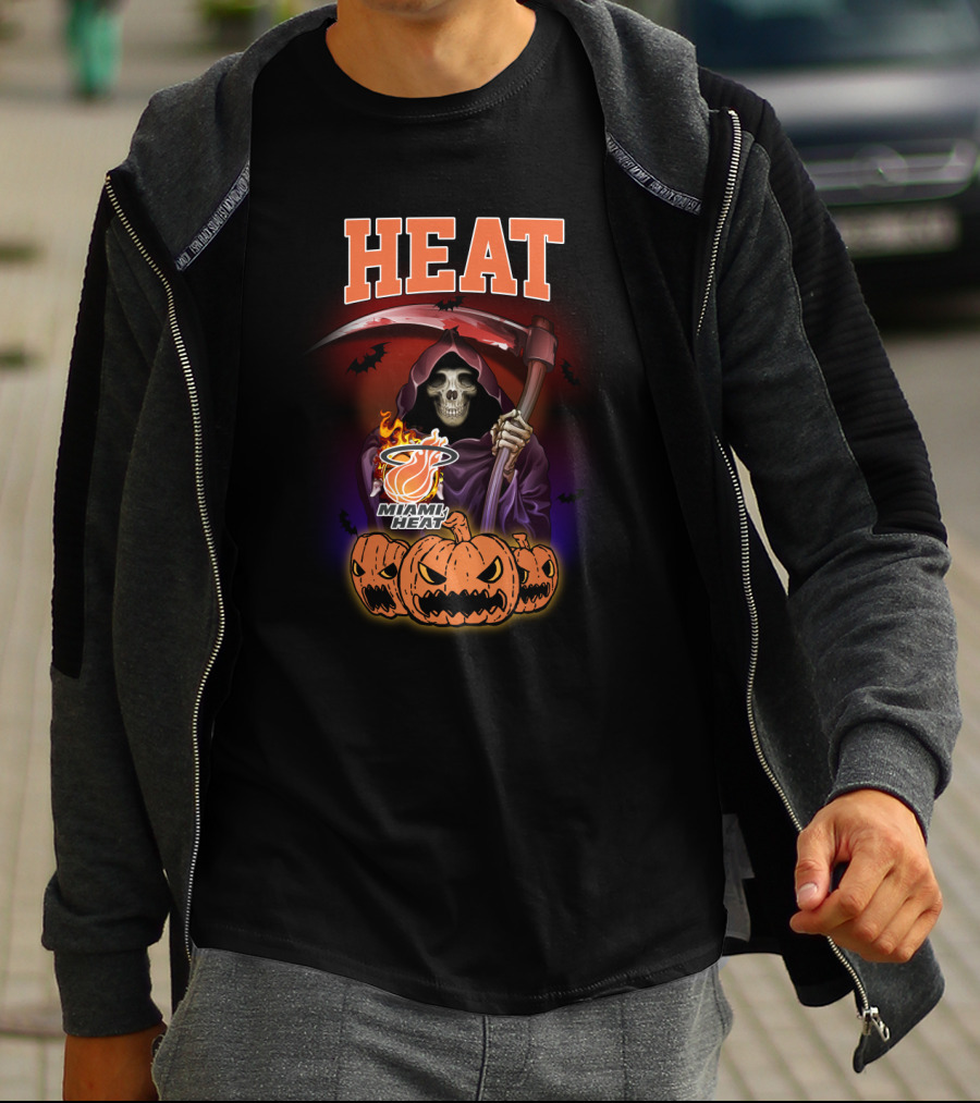 Miami Heat Reaper Halloween Theme With Pumpkins And Grim Scythe T-Shirt
