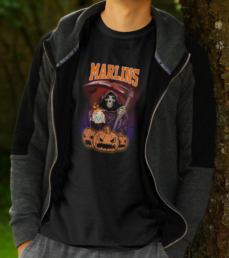 Miami Marlins Reaper With Scythe And Pumpkin Trio Halloween T-Shirt