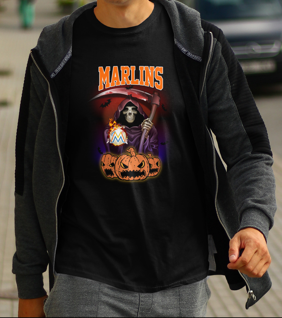 Miami Marlins Reaper With Scythe And Pumpkin Trio Halloween T-Shirt