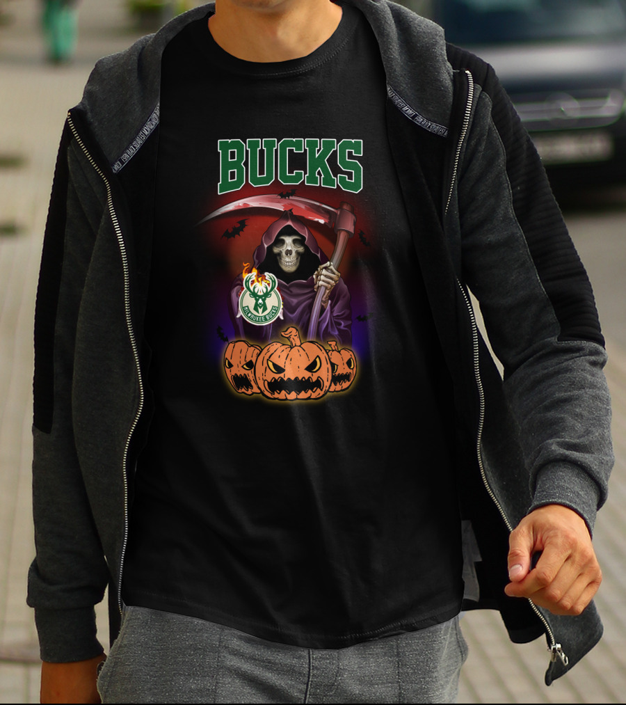 Milwaukee Bucks Reaper Skull With Scythe And Pumpkins T-Shirt