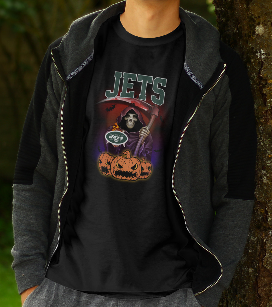 New York Jets Grim Reaper Halloween Theme With Pumpkins T-Shirt