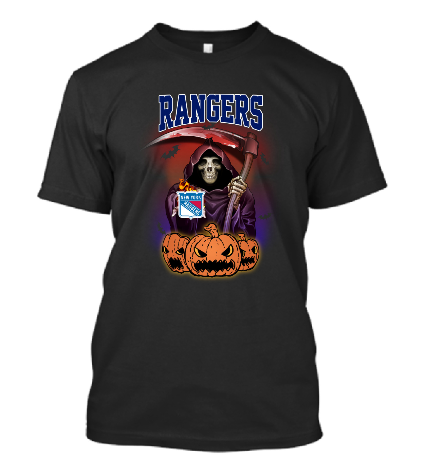Rangers Grim Reaper Holding Scythe With New York Rangers Logo And Halloween Pumpkins T-Shirt