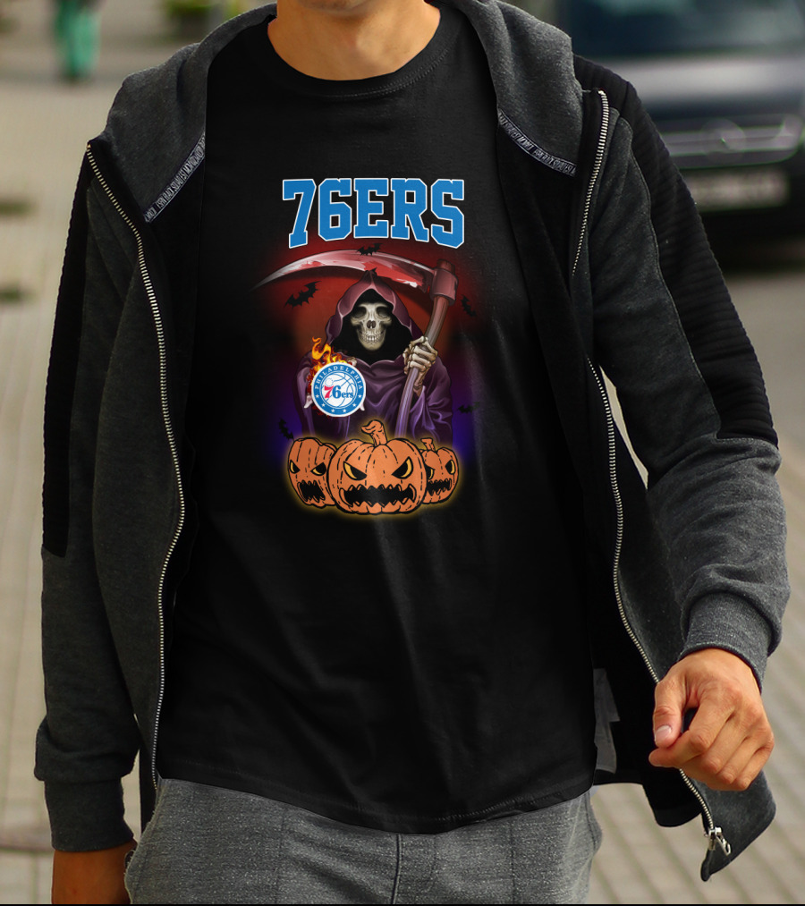 Philadelphia 76ers Reaper Halloween Pumpkins Basketball T-Shirt