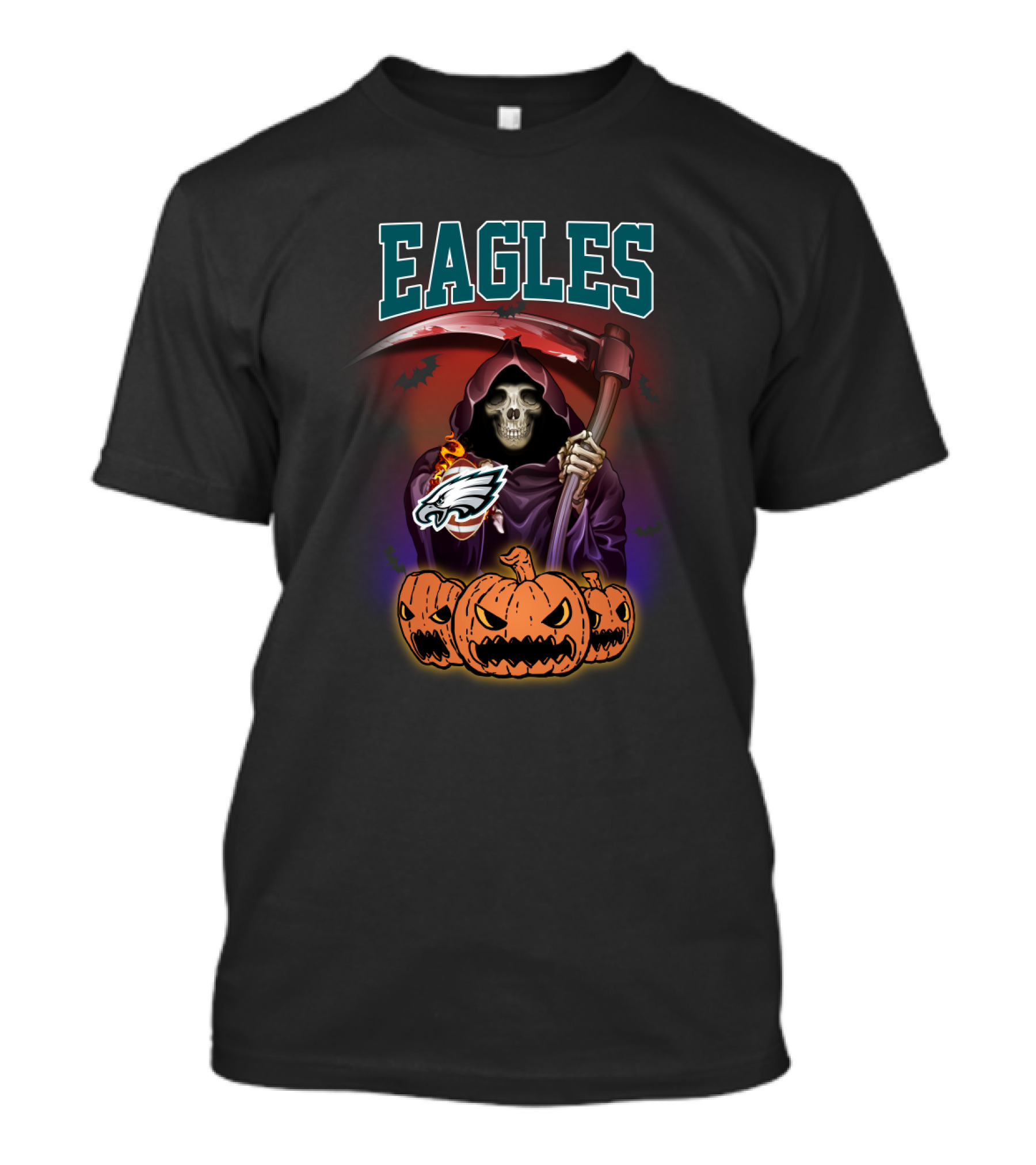 Eagles Reaper Halloween With Philadelphia Eagles Logo And Grim Pumpkin Trio T-Shirt