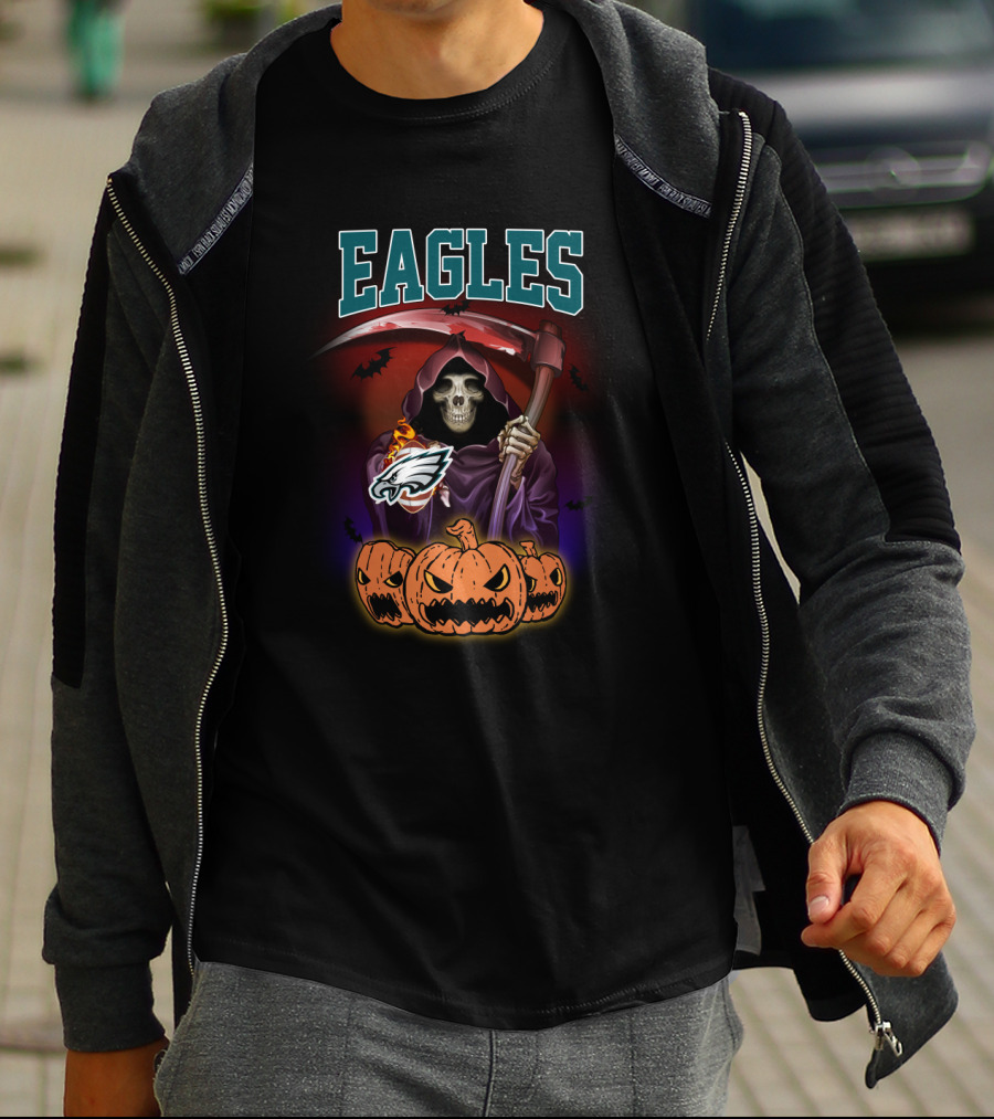Eagles Reaper Halloween With Philadelphia Eagles Logo And Grim Pumpkin Trio T-Shirt