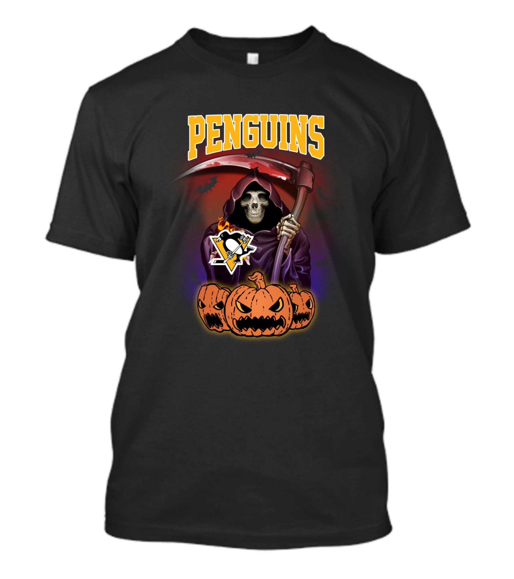 Penguins Grim Reaper With Scythe And Pumpkins Halloween T-Shirt