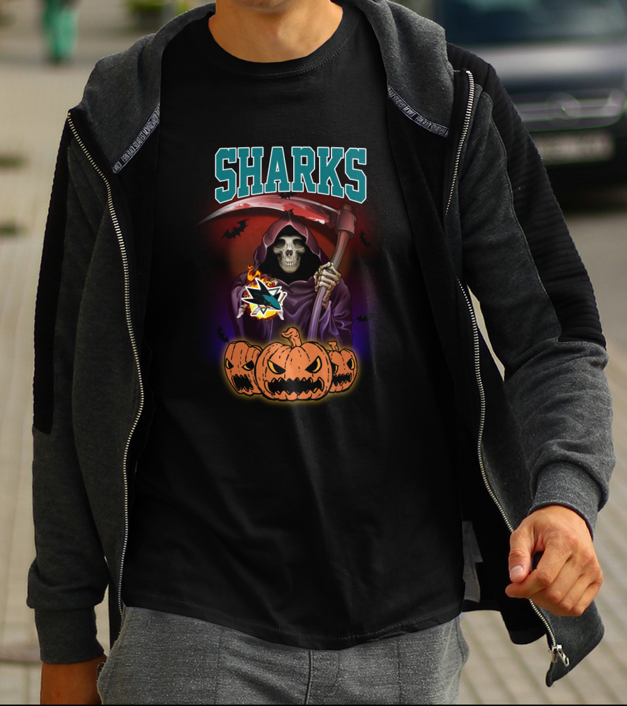 Sharks Reaper With Scythe And Pumpkins San Jose T-Shirt