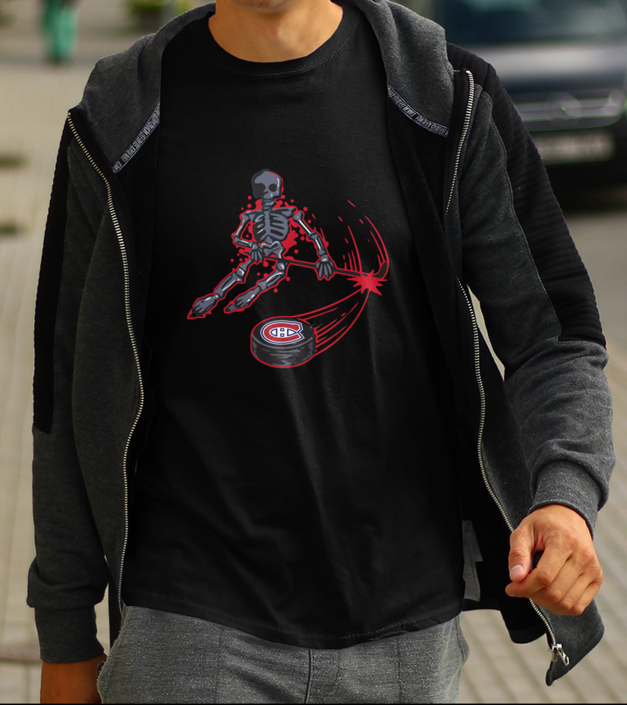 Skeleton Hockey Player With Montreal Canadiens Puck Dynamic Action T-Shirt