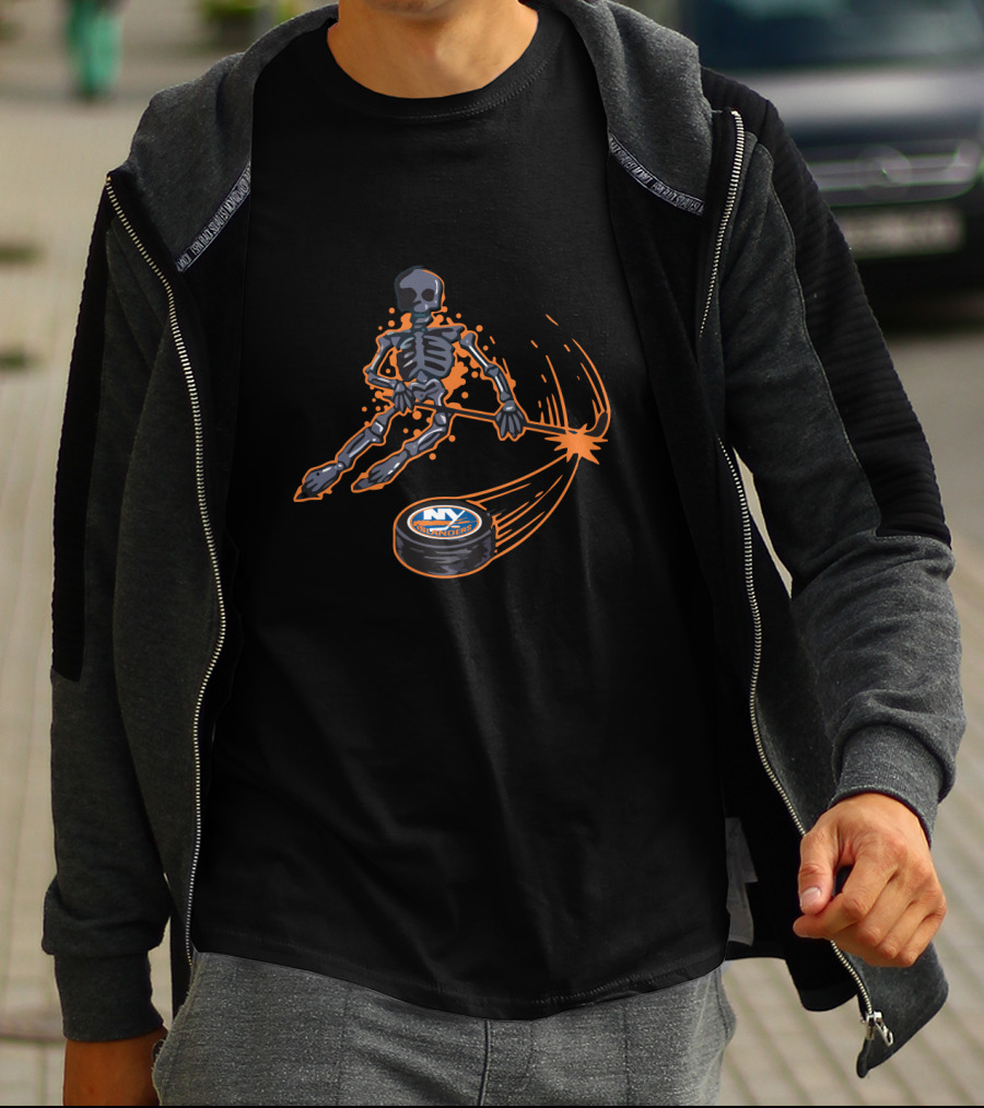Skeleton Playing Ice Hockey With New York Islanders T-Shirt