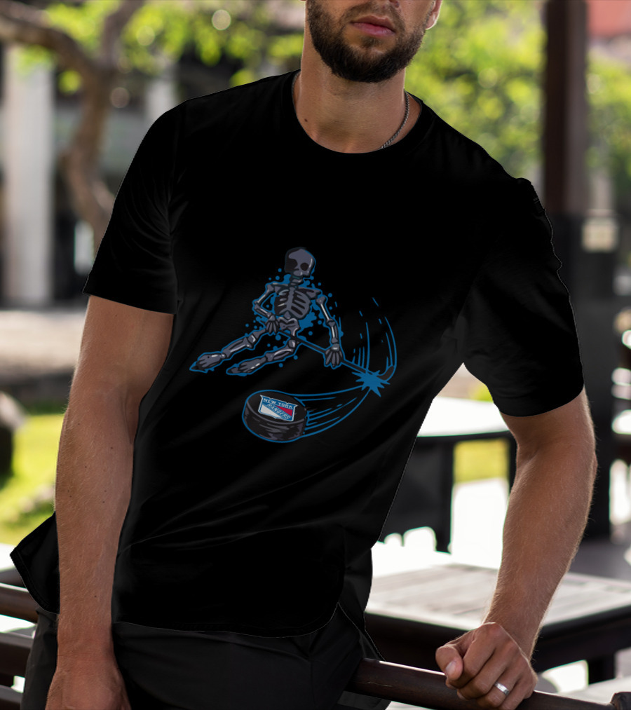 New York Rangers Skeleton Playing Ice Hockey With Puck T-Shirt