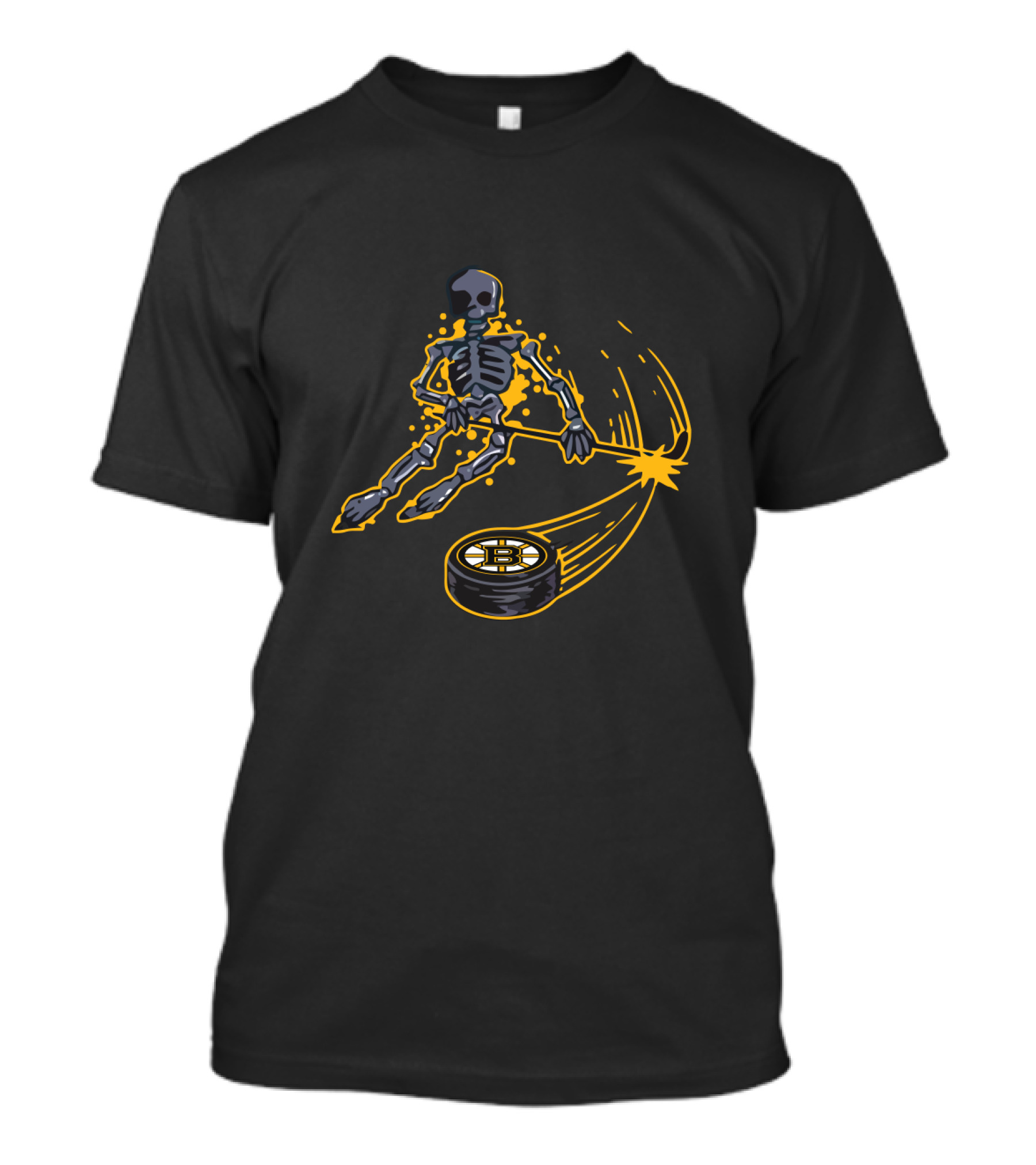 Skeleton Playing Hockey With Boston Bruins Logo For Enthusiastic Fans T-Shirt