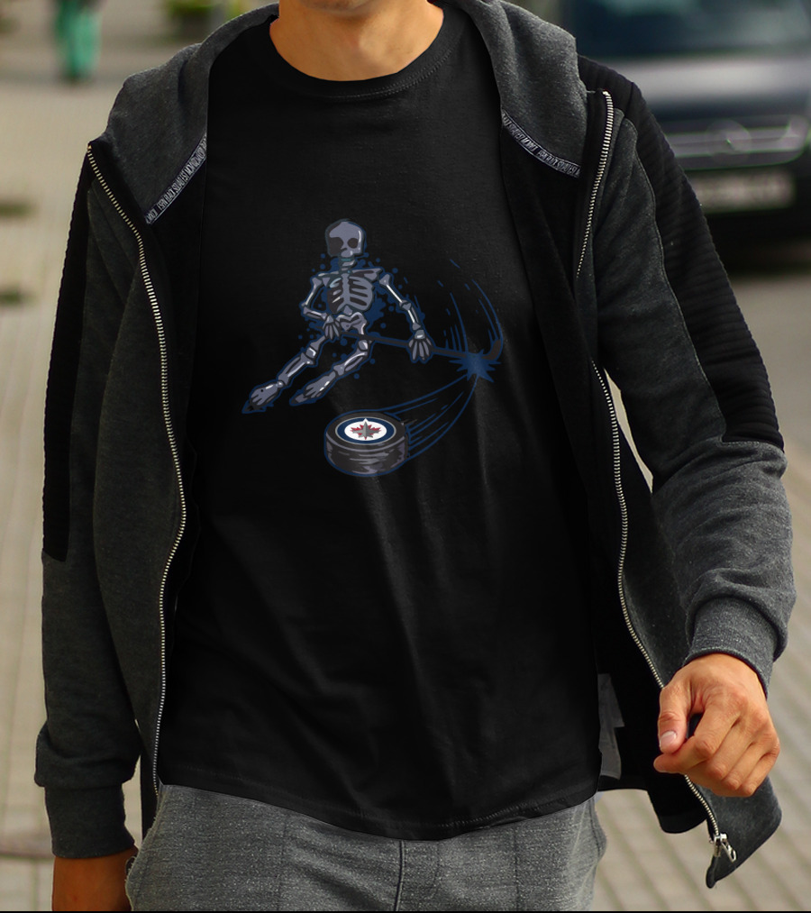Winnipeg Jets Skeleton Hockey Player With Team Puck T-Shirt