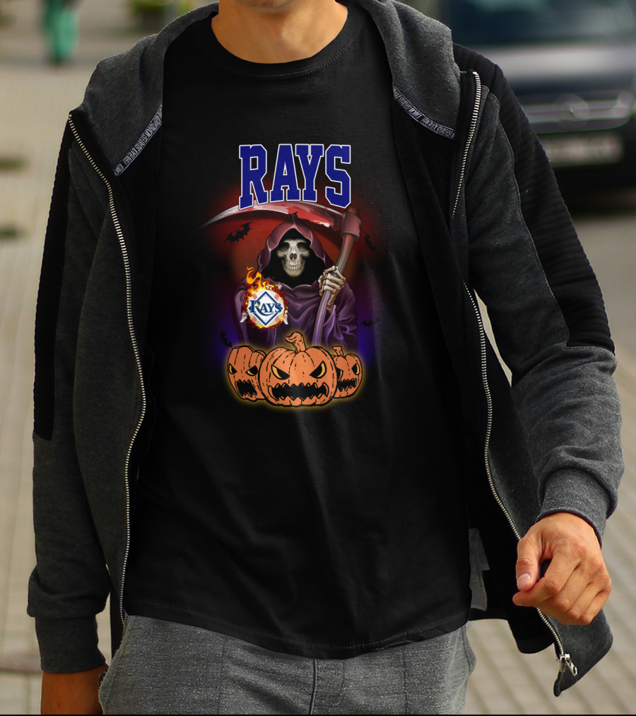 Tampa Bay Rays Reaper Holding Scythe With Pumpkins And Bats T-Shirt