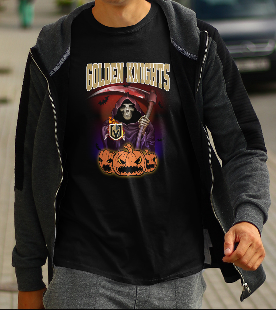Golden Knights Halloween Grim Reaper With Pumpkins T-Shirt