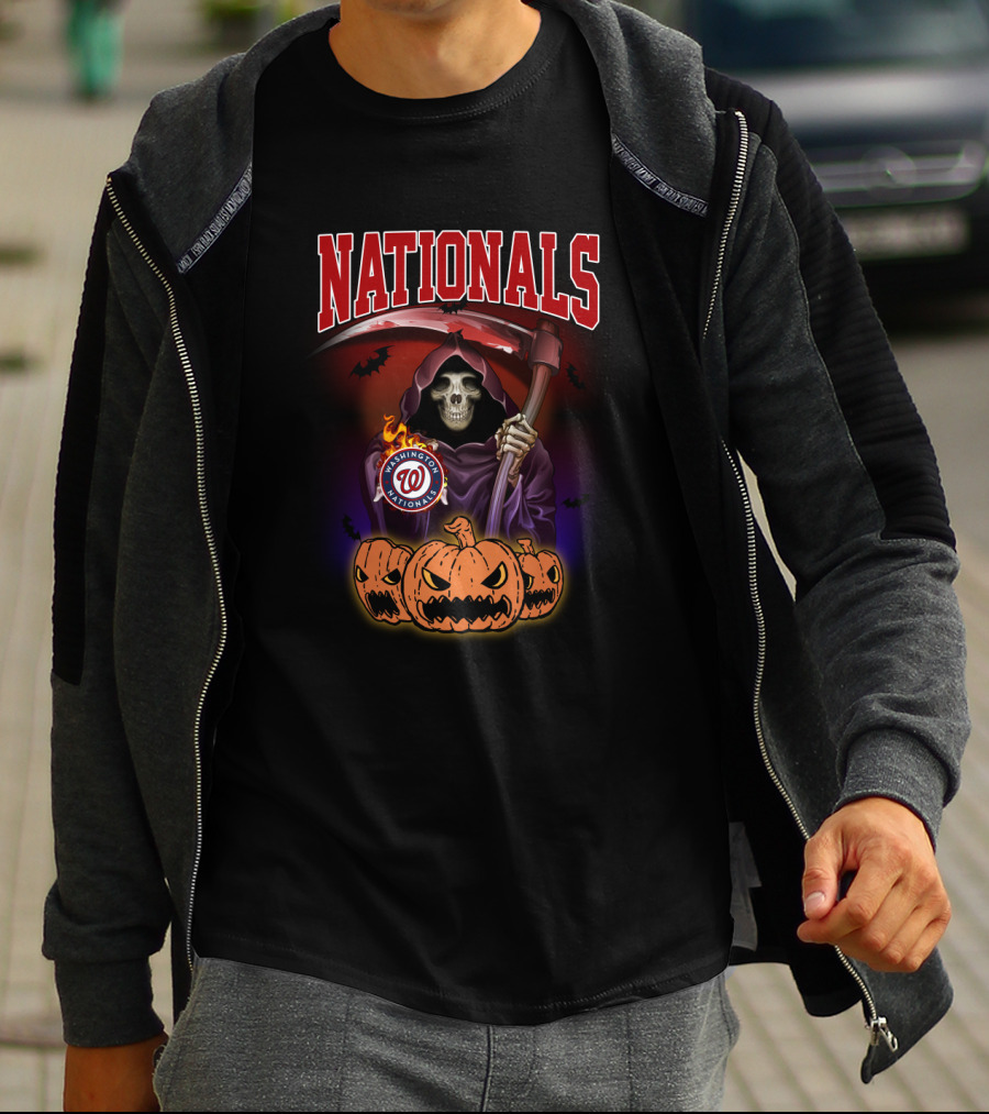 Nationals Grim Reaper With Washington Logo And Halloween Pumpkins T-Shirt