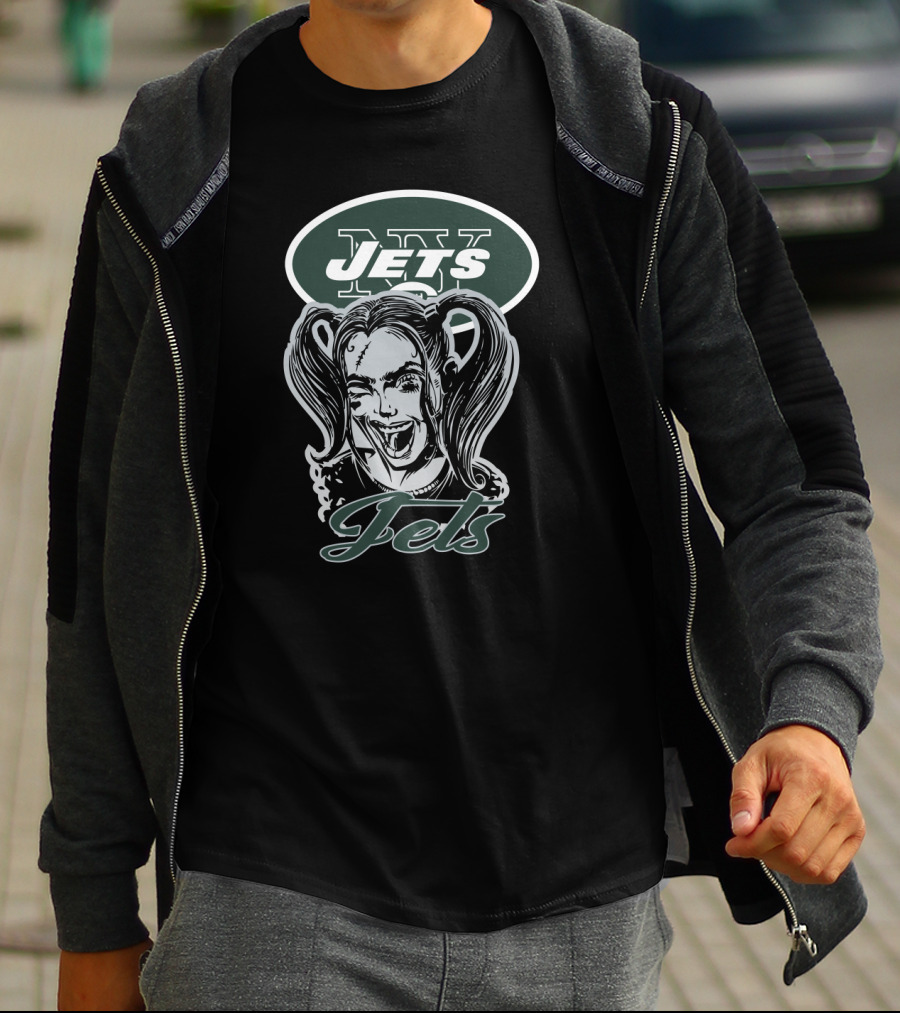 Harley Quinn And New York Jets Logo Crossover T-Shirt