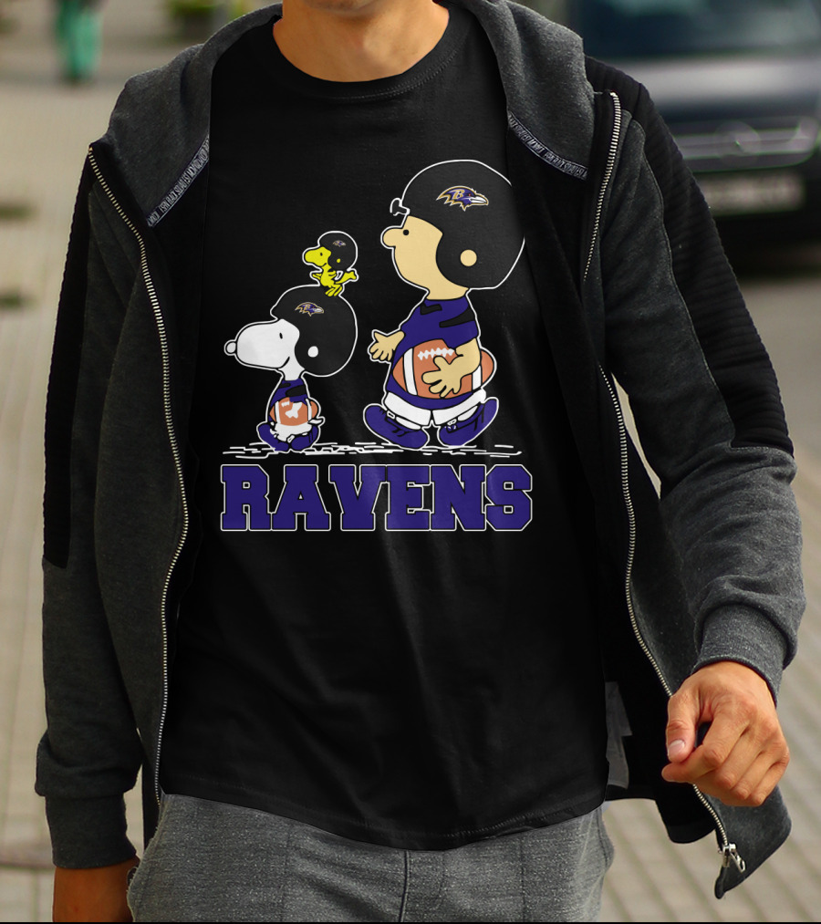 Snoopy And Friends With Baltimore Ravens Football Helmets And Jerseys T-Shirt