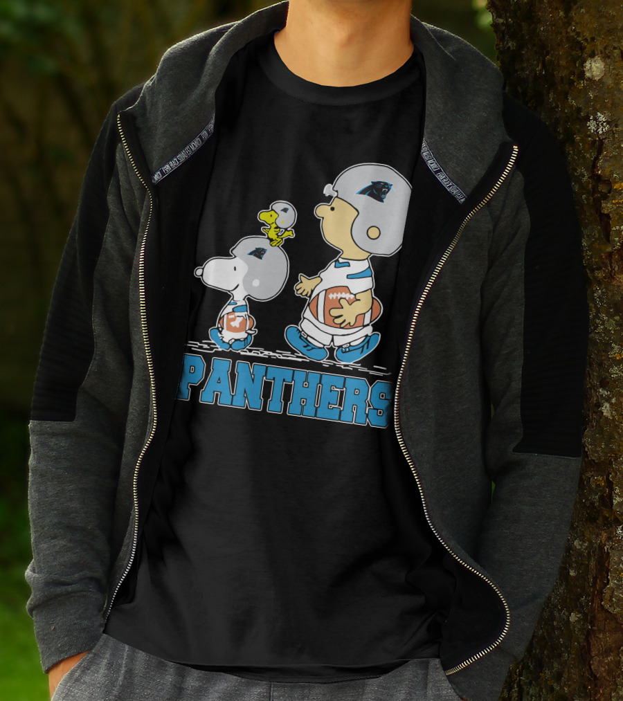 Snoopy And Woodstock With Carolina Panthers Football Helmets T-Shirt