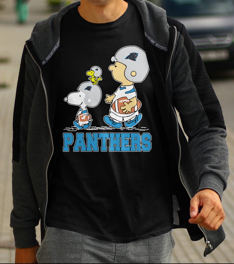 Snoopy And Woodstock With Carolina Panthers Football Helmets T-Shirt
