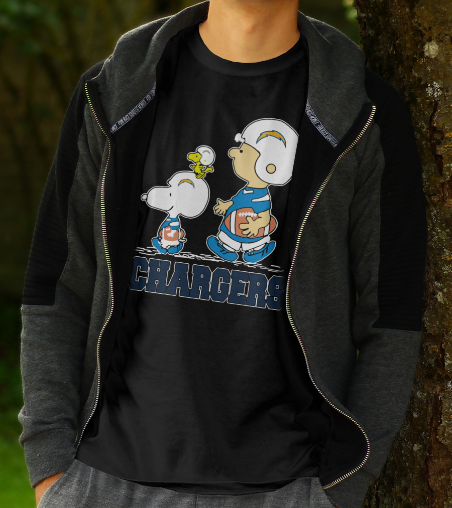 Snoopy And Woodstock With Los Angeles Chargers Football Helmets And Jersey T-Shirt