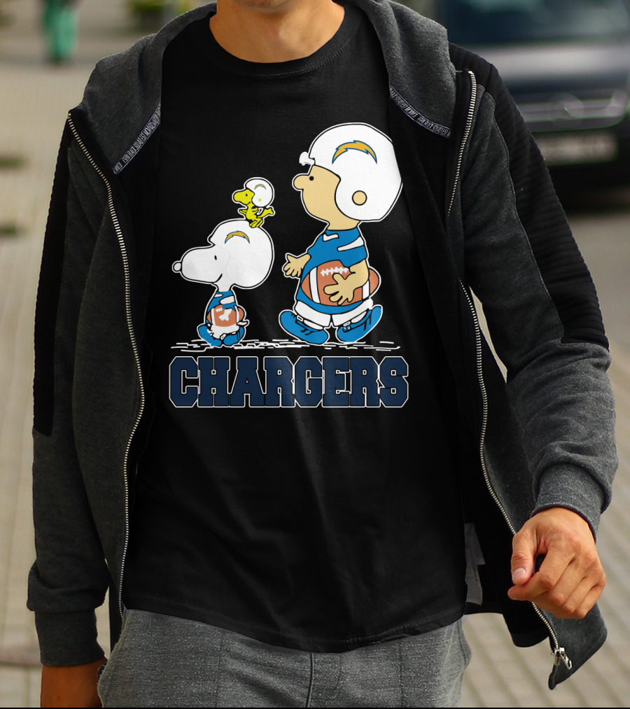 Snoopy And Woodstock With Los Angeles Chargers Football Helmets And Jersey T-Shirt
