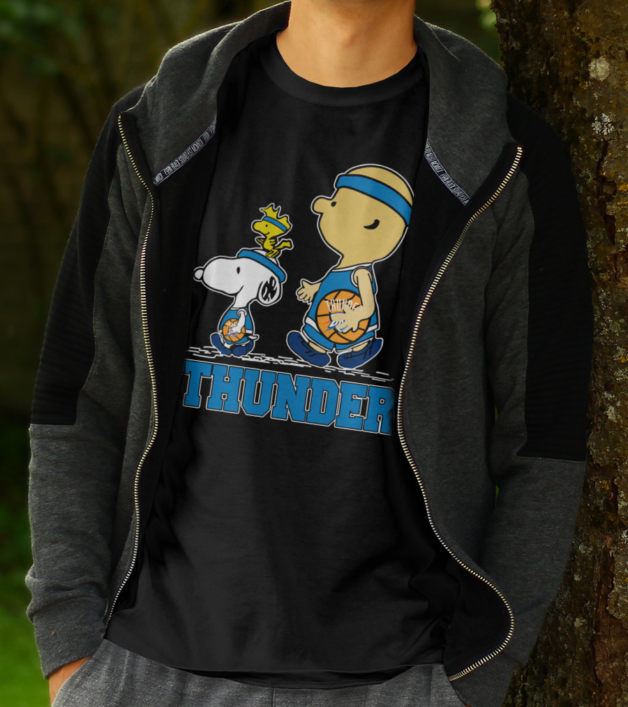 Snoopy And Oklahoma City Thunder Basketball Fans Walking With Woodstock T-Shirt