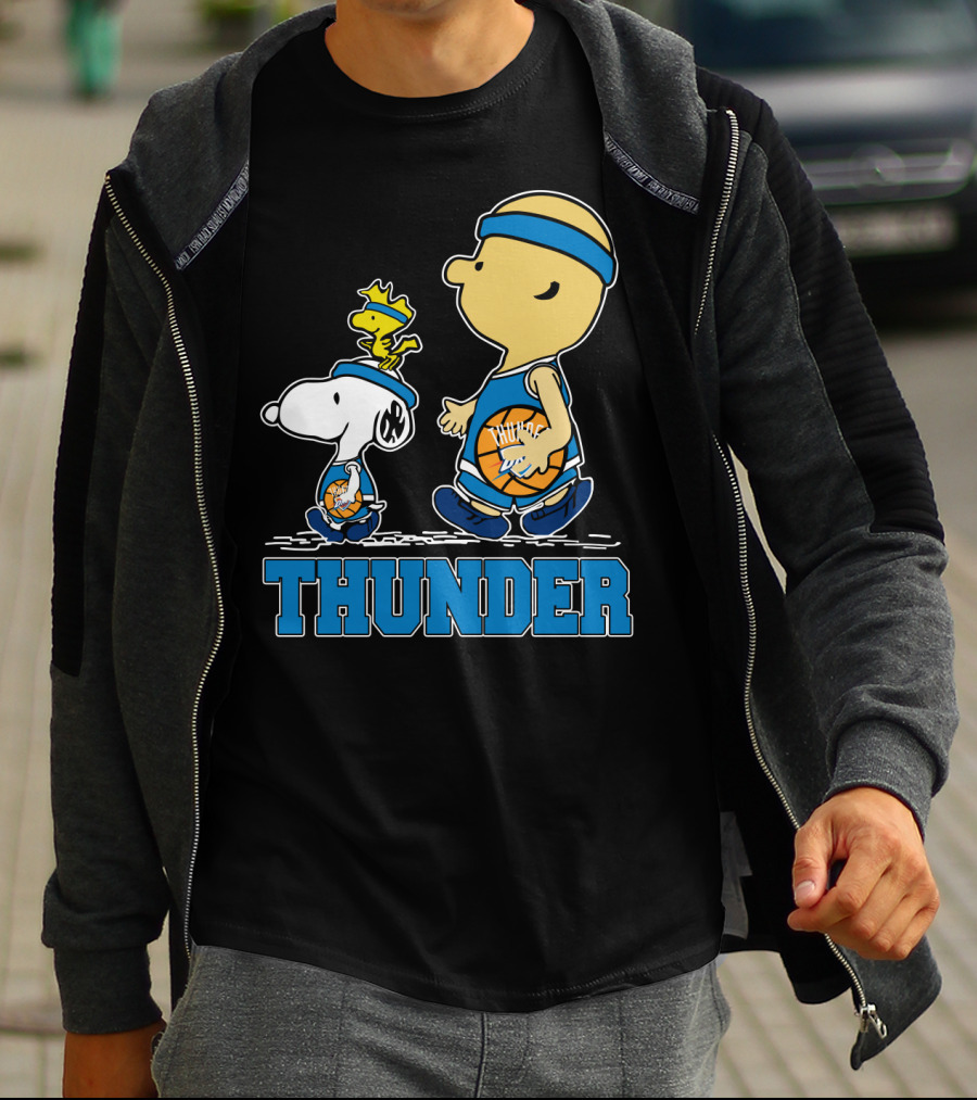 Snoopy And Oklahoma City Thunder Basketball Fans Walking With Woodstock T-Shirt
