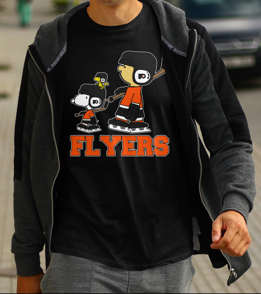 Snoopy And Woodstock In Philadelphia Flyers Hockey Gear With Flyers T-Shirt
