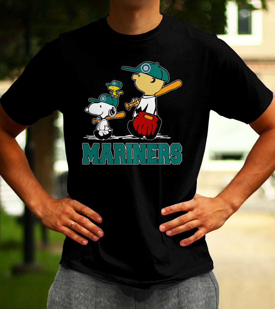 Snoopy Woodstock And Seattle Mariners Peanuts Baseball T-Shirt