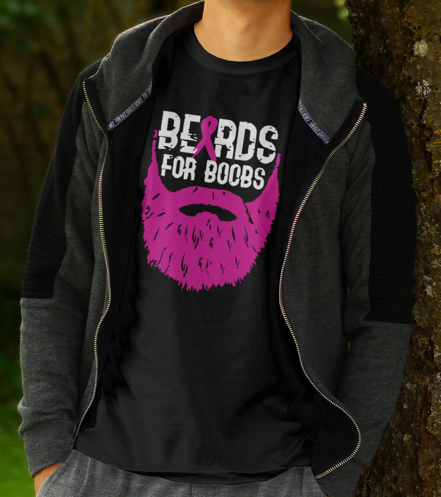 Beards For Boobs Breast Cancer Awareness Pink Ribbon Beard T-Shirt