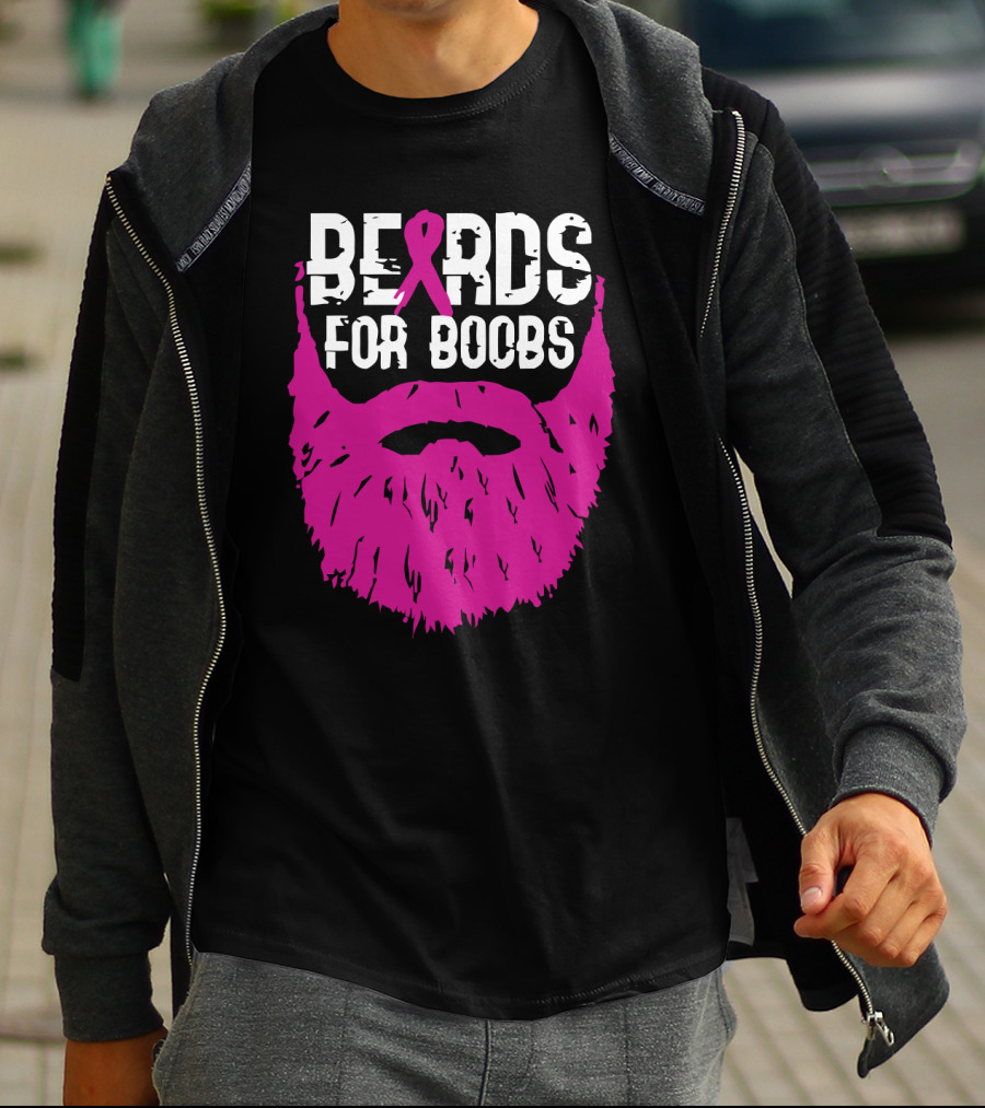 Beards For Boobs Breast Cancer Awareness Pink Ribbon Beard T-Shirt