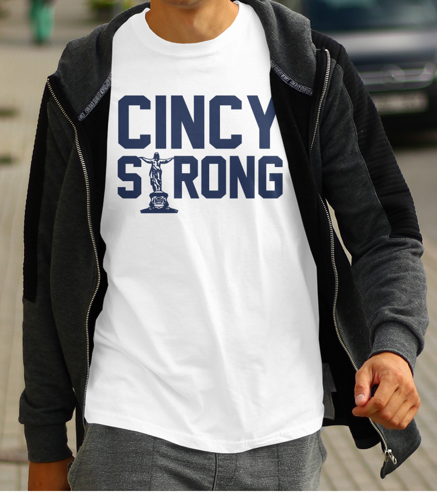 Cincy Strong Text With Statue Symbol In Bold Blue Letters T-Shirt