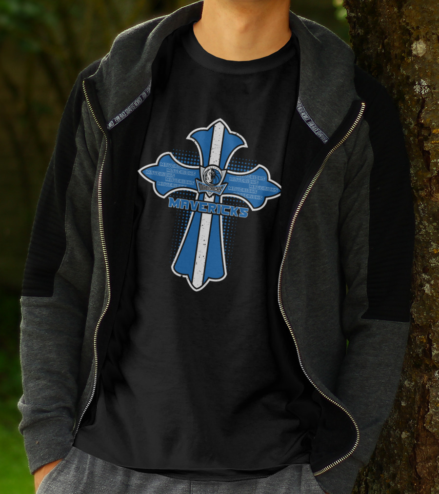 Dallas Mavericks Cross Design With Team Logo And Name In Blue And White T-Shirt