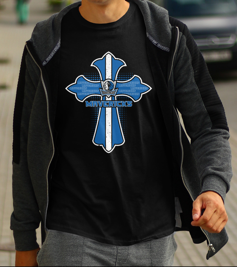 Dallas Mavericks Cross Design With Team Logo And Name In Blue And White T-Shirt