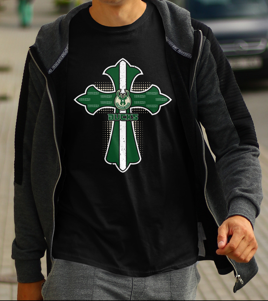Bucks Fans Green Cross With Milwaukee Bucks T-Shirt