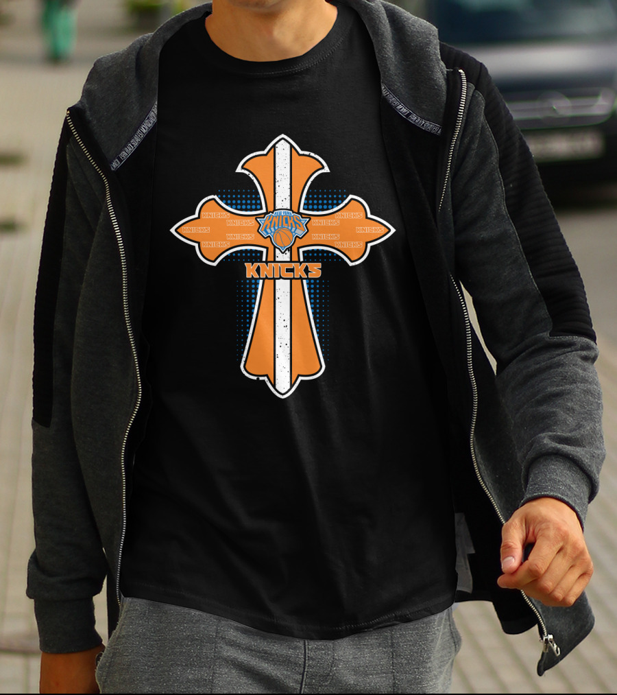Cross Emblem Featuring Knicks And Jesus Basketball Theme T-Shirt