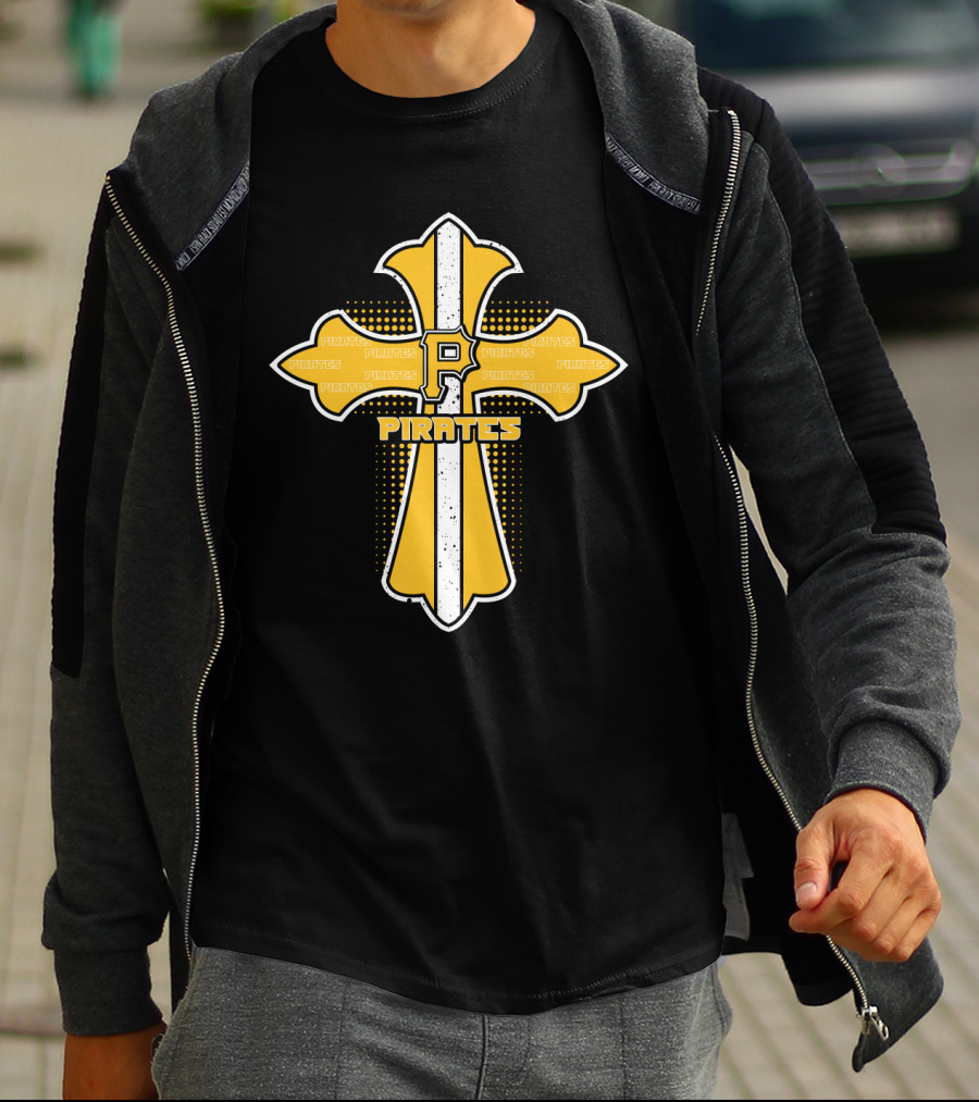 Cross With Pittsburgh Pirates Logo And Text Highlighting Faith And Fandom T-Shirt