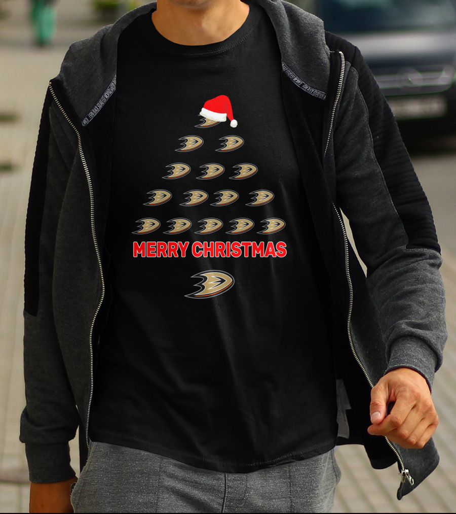 Merry Christmas Anaheim Ducks Tree With Santa Hat T-Shirt