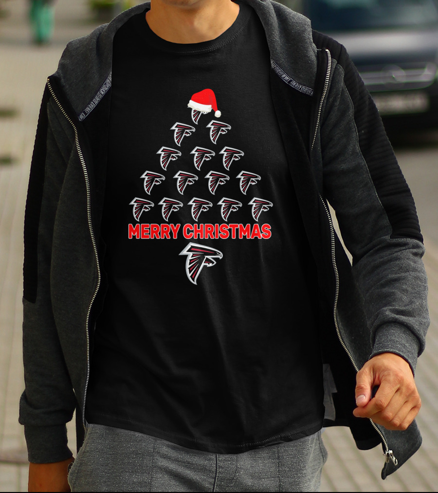 Merry Christmas Atlanta Falcons Tree With Santa Hat T-Shirt