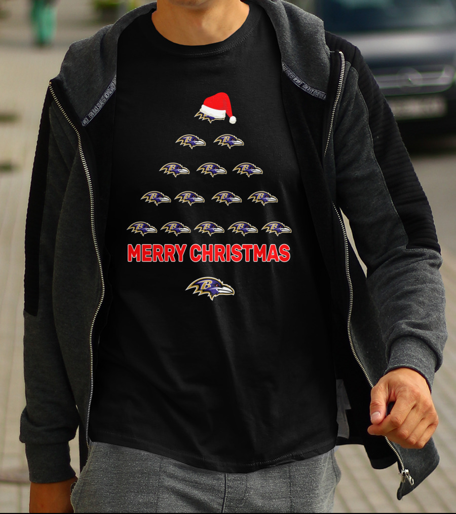 Merry Christmas Baltimore Ravens Santa Hat Tree T-Shirt