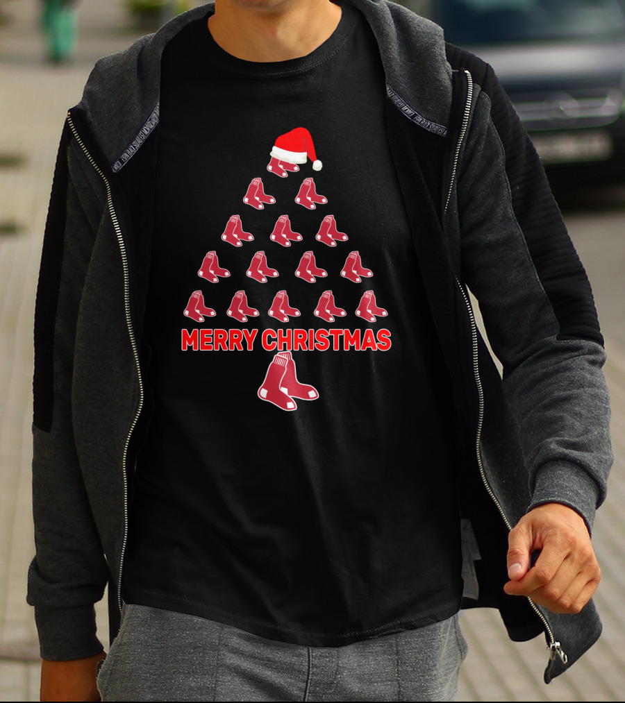 Merry Christmas Red Sox Fans Christmas Tree With Santa Hat T-Shirt