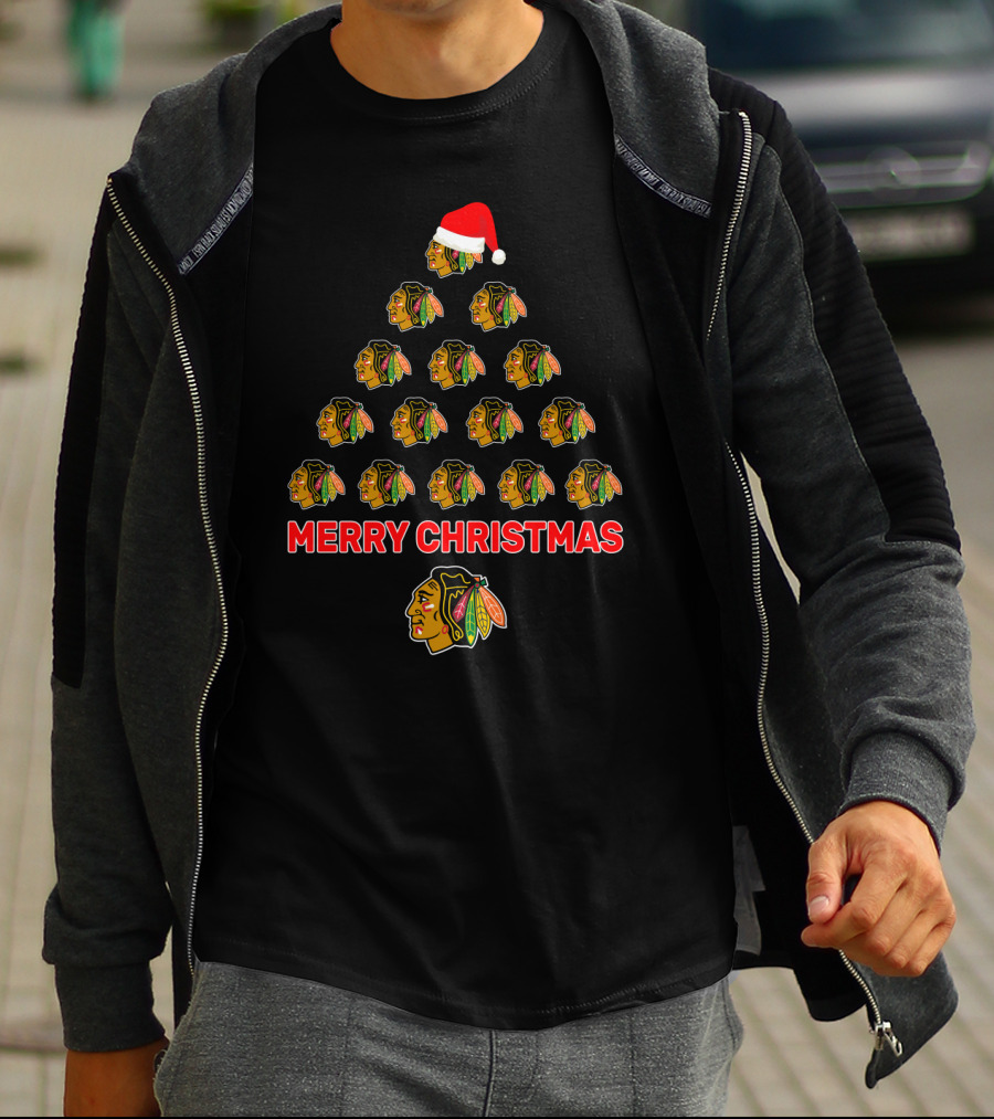 Merry Christmas Tree With Chicago Blackhawks Logos And Santa Hat T-Shirt