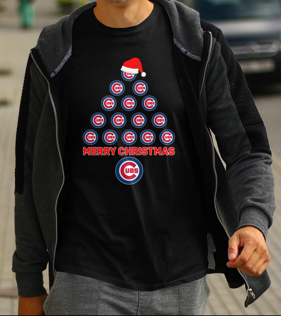 Merry Christmas Chicago Cubs Logo Tree With Santa Hat T-Shirt