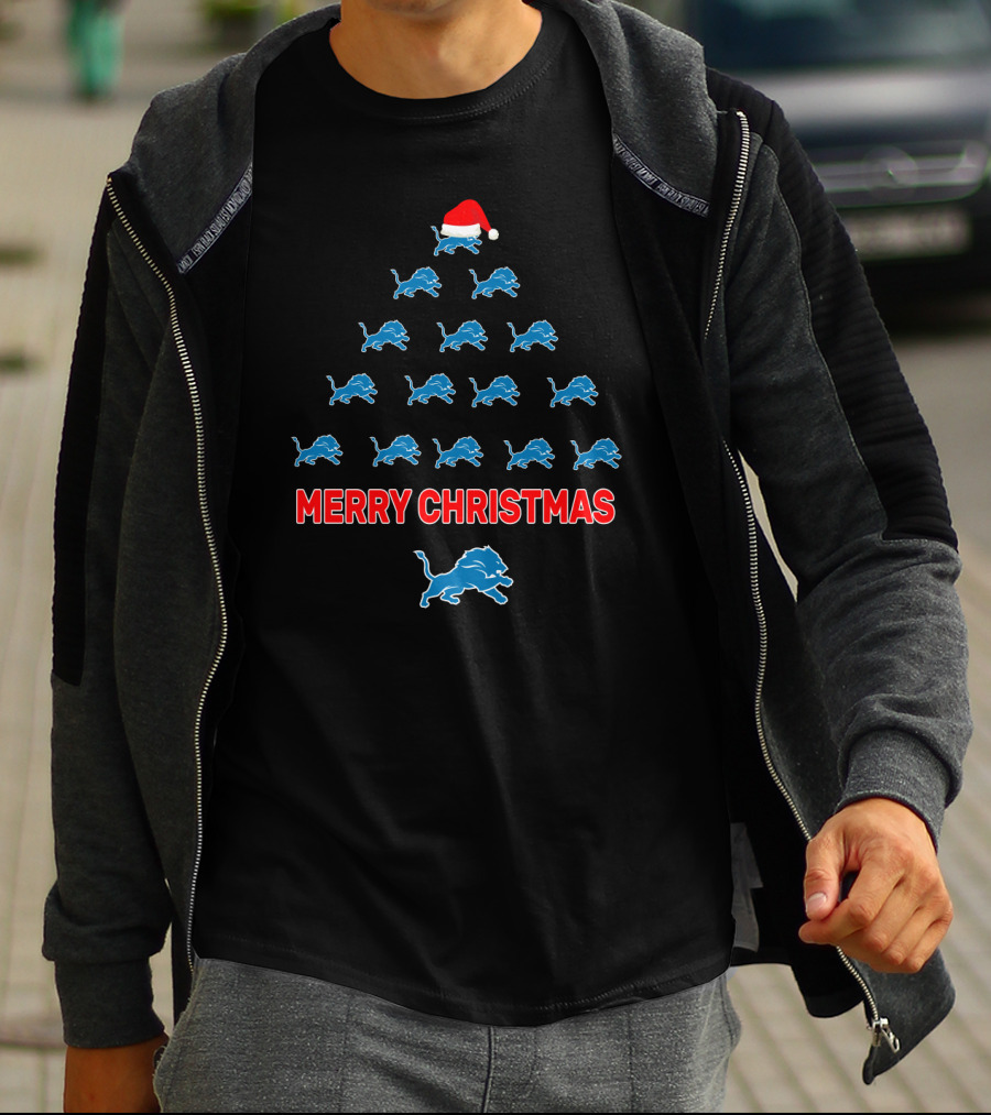 Merry Christmas Detroit Lions Fan Holiday Tree T-Shirt