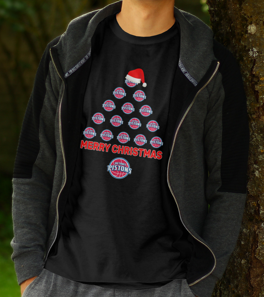 Merry Christmas Detroit Pistons Basketball Tree With Santa Hat T-Shirt