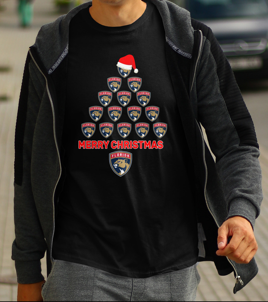 Merry Christmas Florida Panthers Tree With Logos And Santa Hat T-Shirt