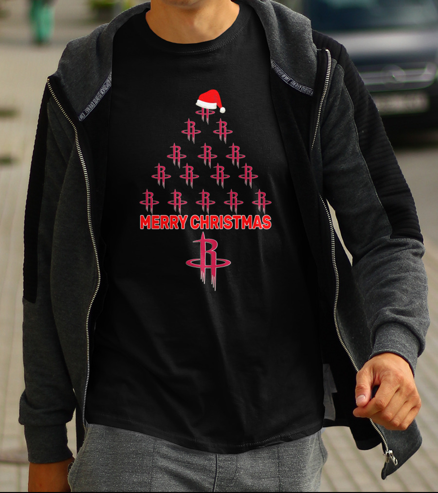 Merry Christmas Houston Rockets Tree With Santa Hat T-Shirt