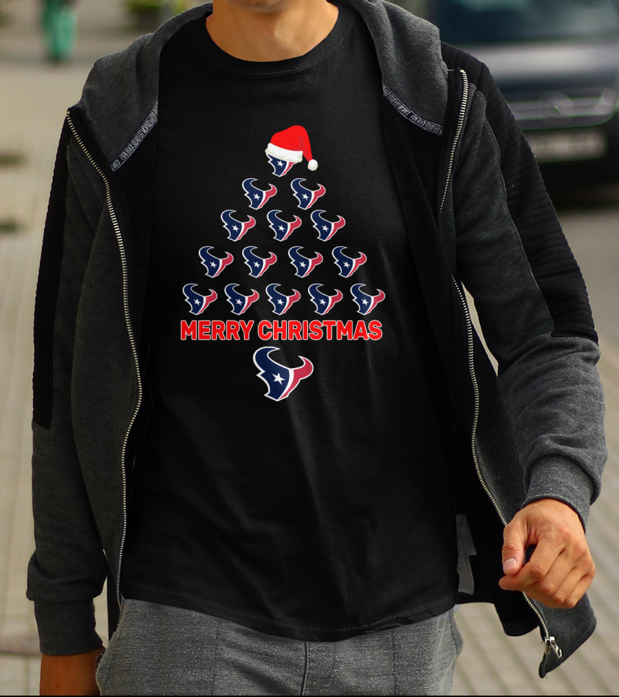 Merry Christmas Tree For Houston Texans Fans With Santa Hat T-Shirt
